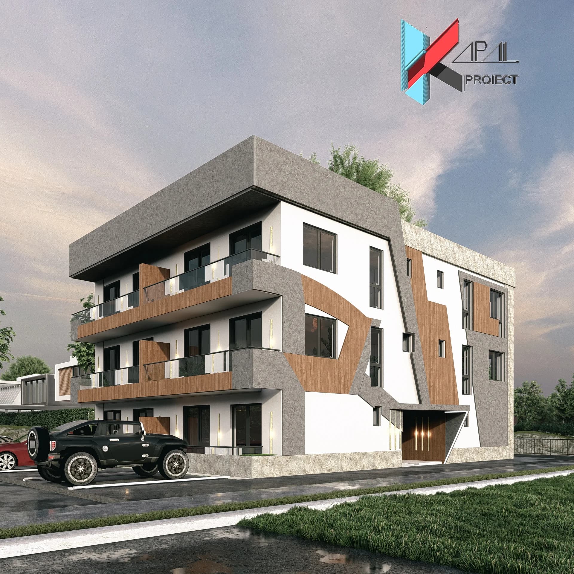 Proiect blocuri modern K174 Apartamente de inchiriat S+P+2E - fatada principala Kapal Proiect