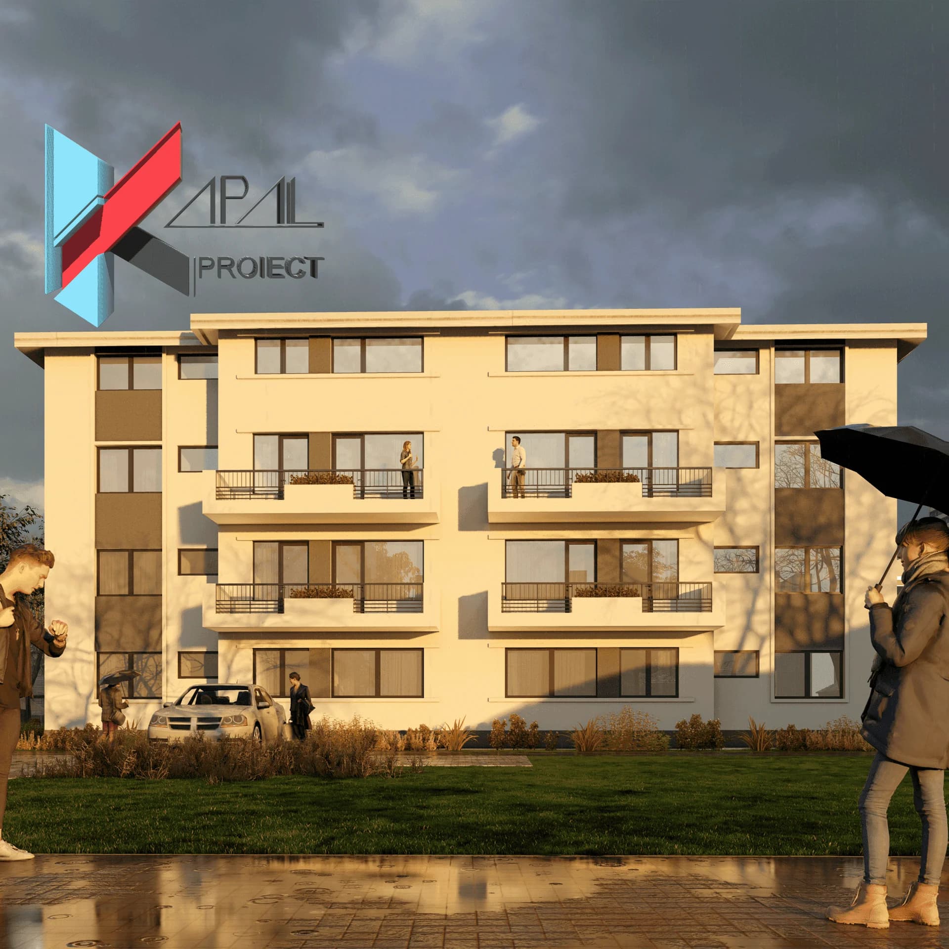 Proiect blocuri modern K080 Locuinte colective P+2E+Etaj tehnic - fatada principala Kapal Proiect