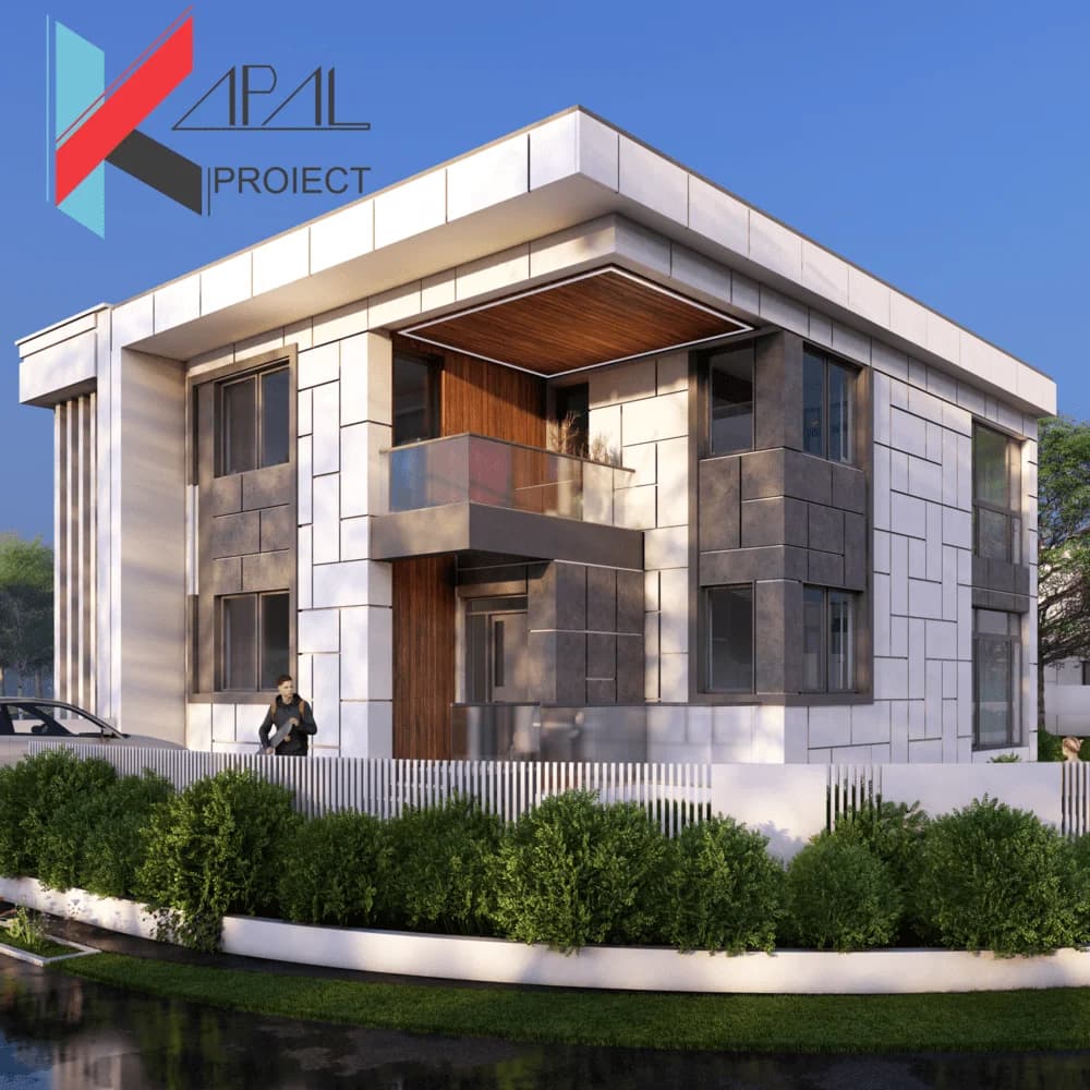 Proiect case modern K104 Locuinta unifamiliala S+P+1E - fatada principala Kapal Proiect