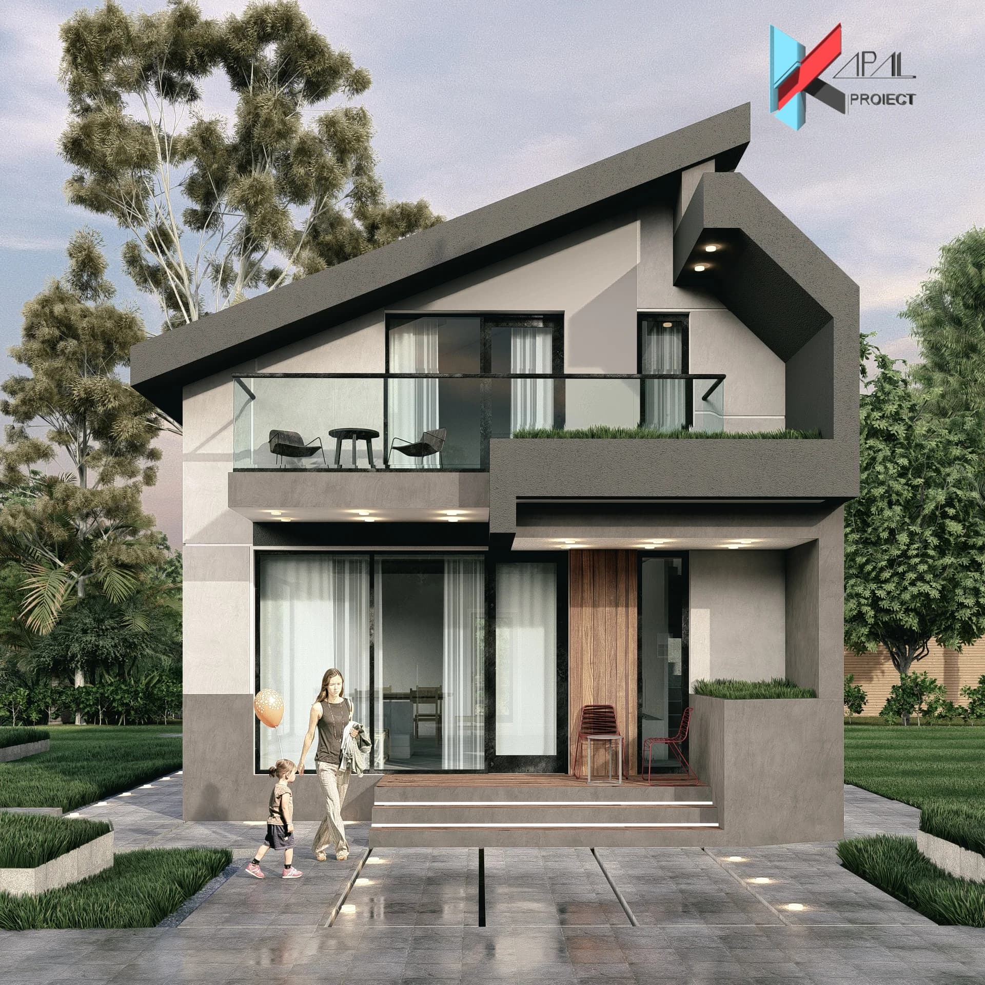 Randare K182: casă P+M cu balcon și acoperiș înclinat
