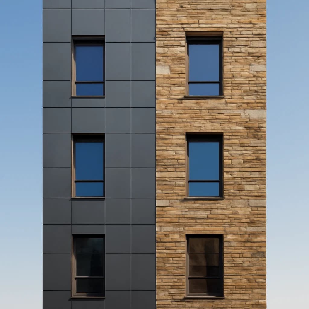 Placaj ceramic vs. piatră naturală pe fațadă — ilustratie materiale construcții | Kapal Proiect