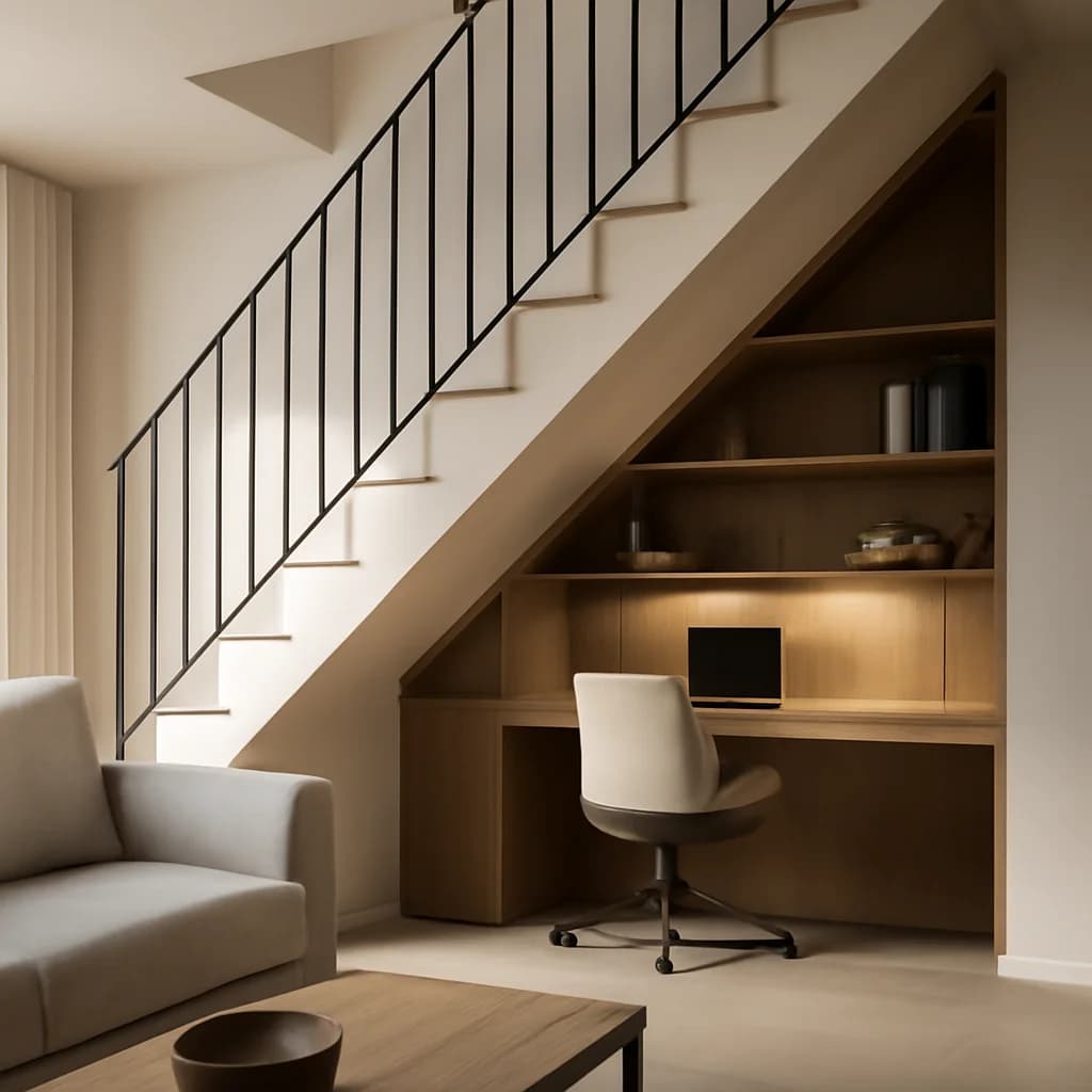 Spațiul de sub scară: 5 idei de amenajare cu costuri reale — ilustratie design interior | Kapal Proiect