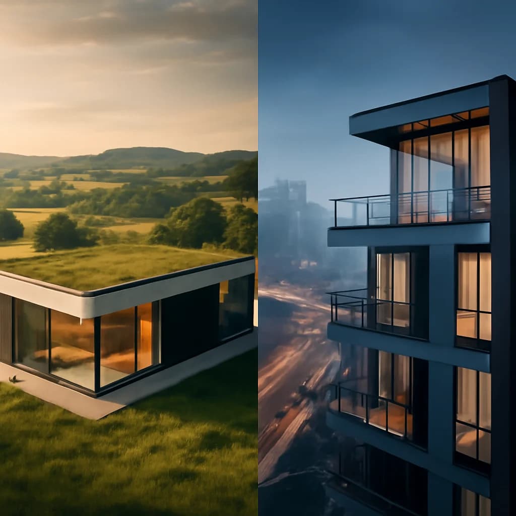 Casă rurală sau urbană: avantaje, costuri și ce să alegi — ilustratie construcții rezidențiale | Kapal Proiect