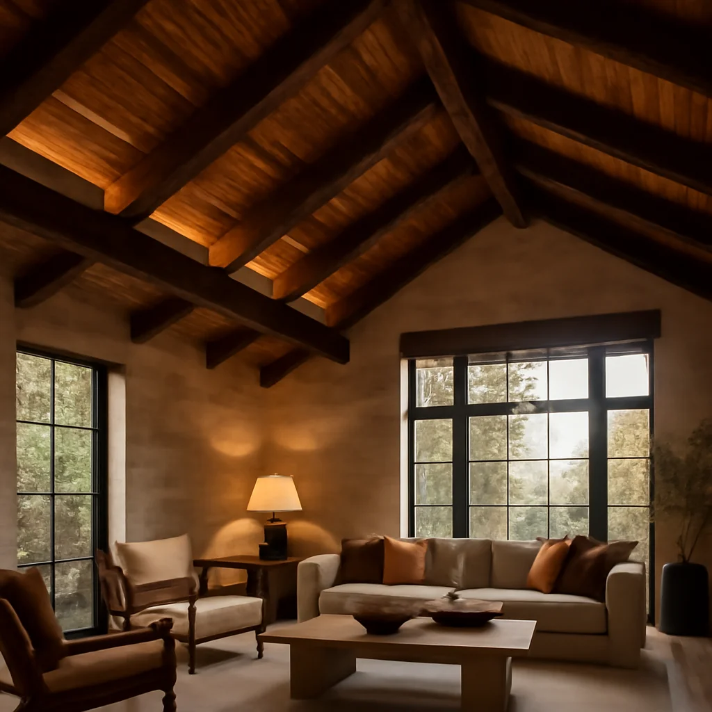 Plafon cu grinzi aparente din lemn – efect decorativ