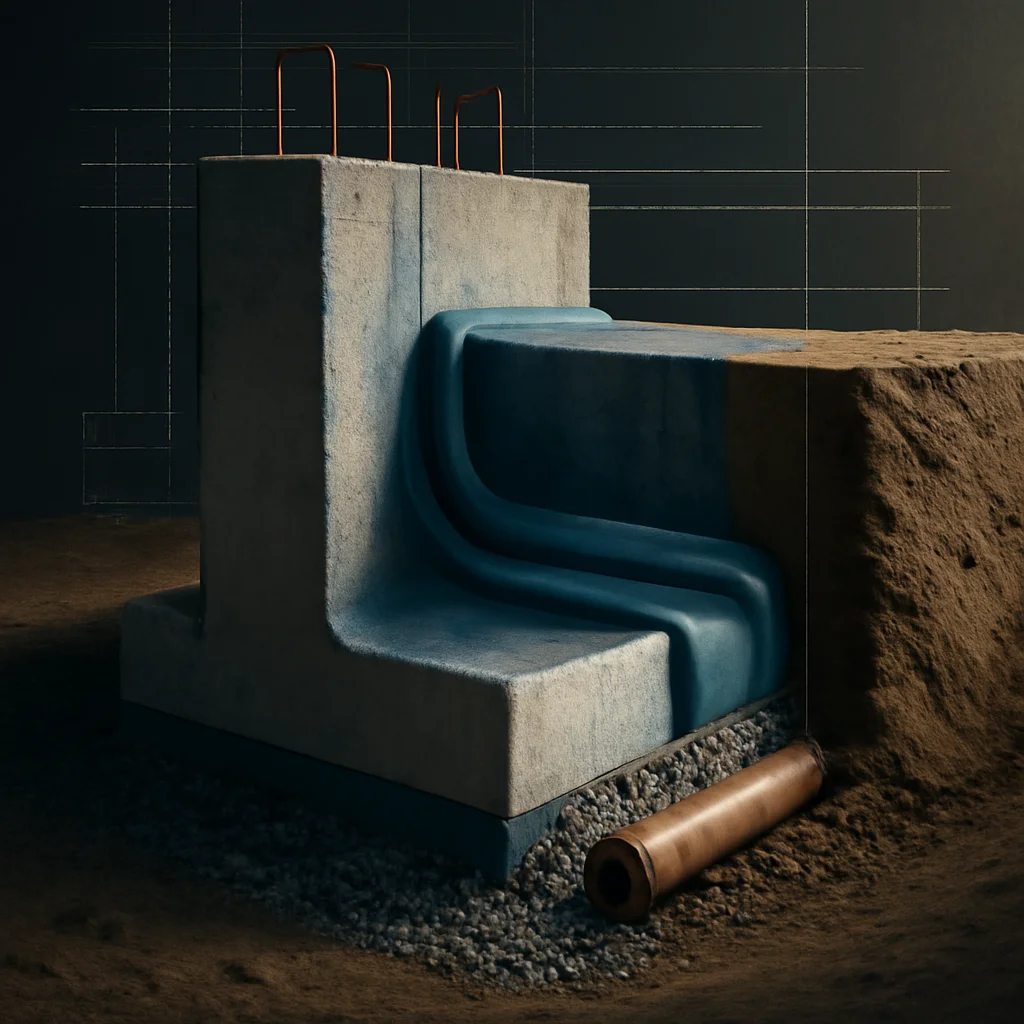 Detaliu constructiv: fundație cu hidroizolație și termoizolație